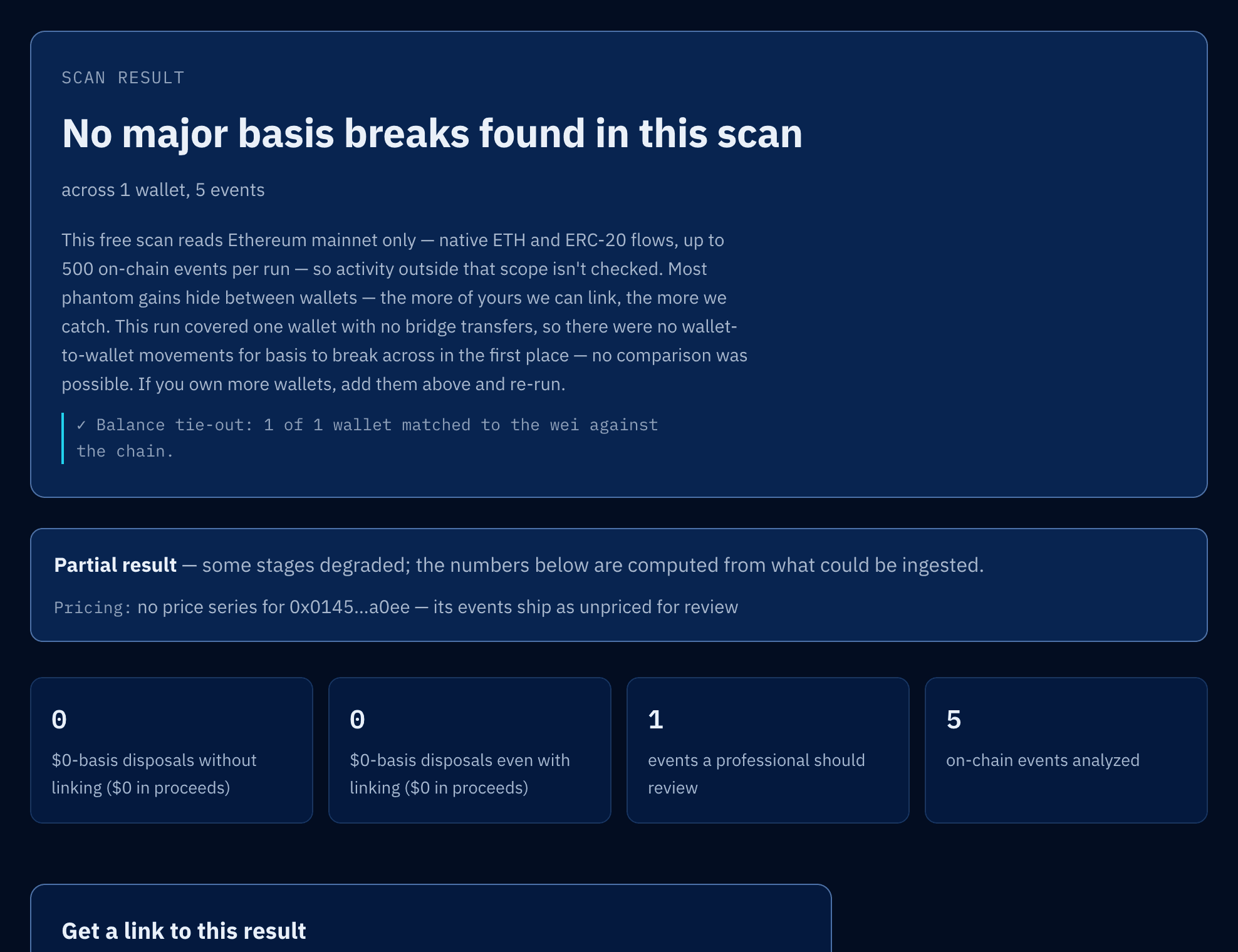 A finished Verilot scan: the verdict headline, a partial-result notice naming the degraded stage, and four summary figures including on-chain events analyzed